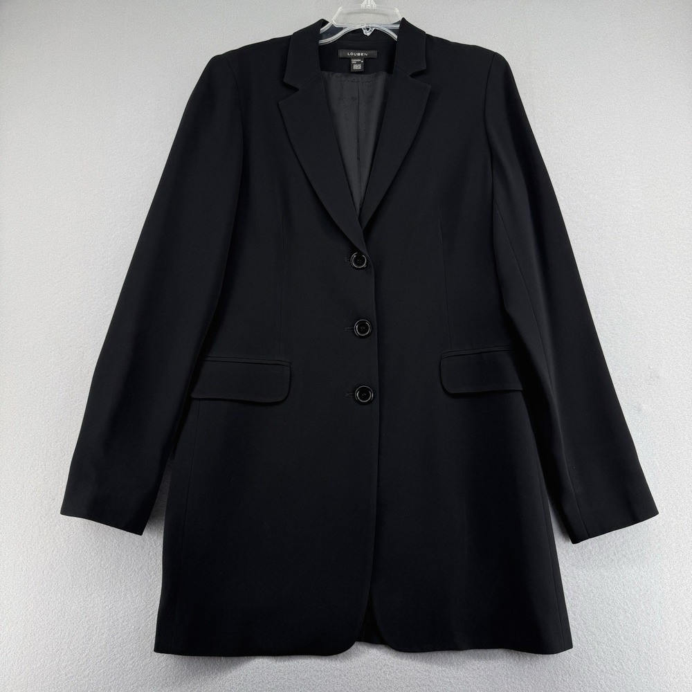 Louben Blazer Jacket Womens 10 Black Mid Length VTG Classic Chic Career